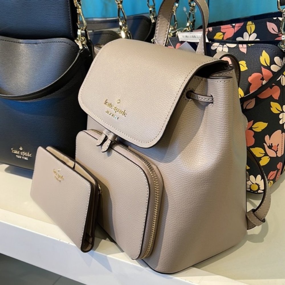Kate Spade Darcy Flap Backpack & Darcy Large Slim Bifold Wallet Warm Taupe - Picture 3 of 16
